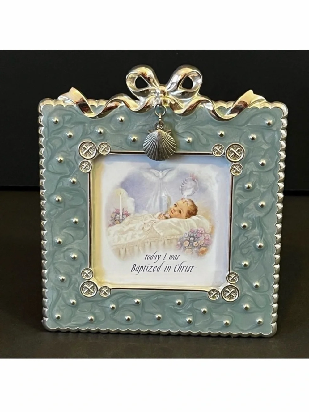 Today I Was Baptized in Christ Photo Frame Baby Silver Teal Turquoise Beach